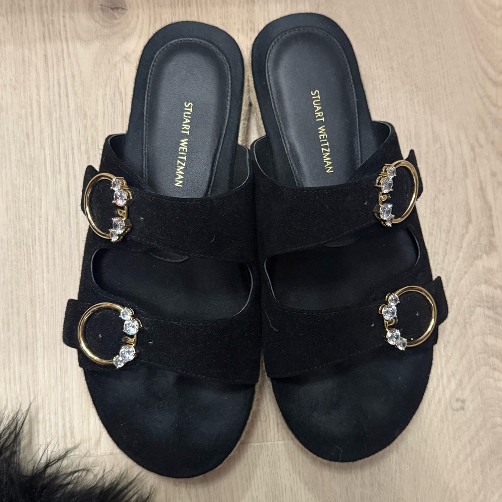 Stuart Weitzman Black Sandals with Gold Accents